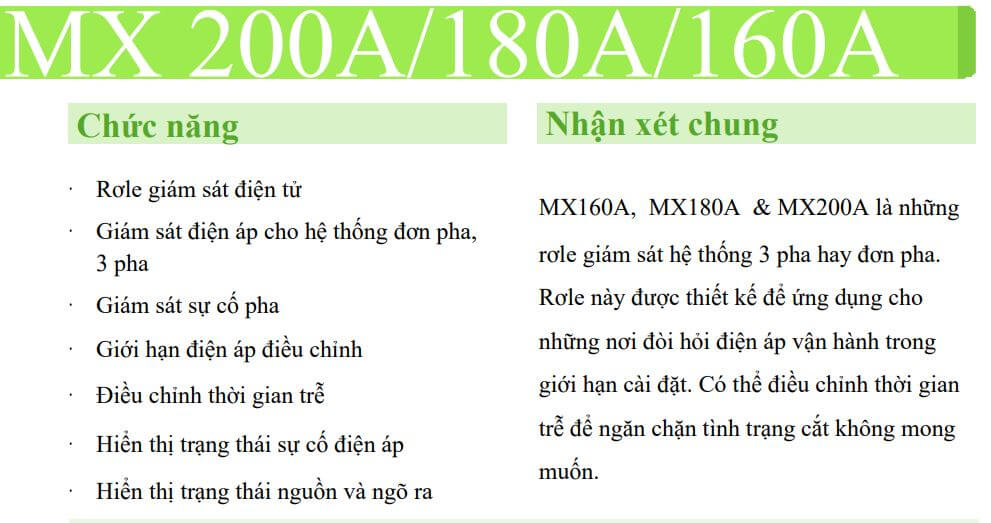Thông số kỹ thuật Rơ le giám sát điện tử MX200A 380V