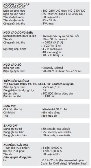 Thông số kỹ thuật Mikro X60 OCEF-240AD