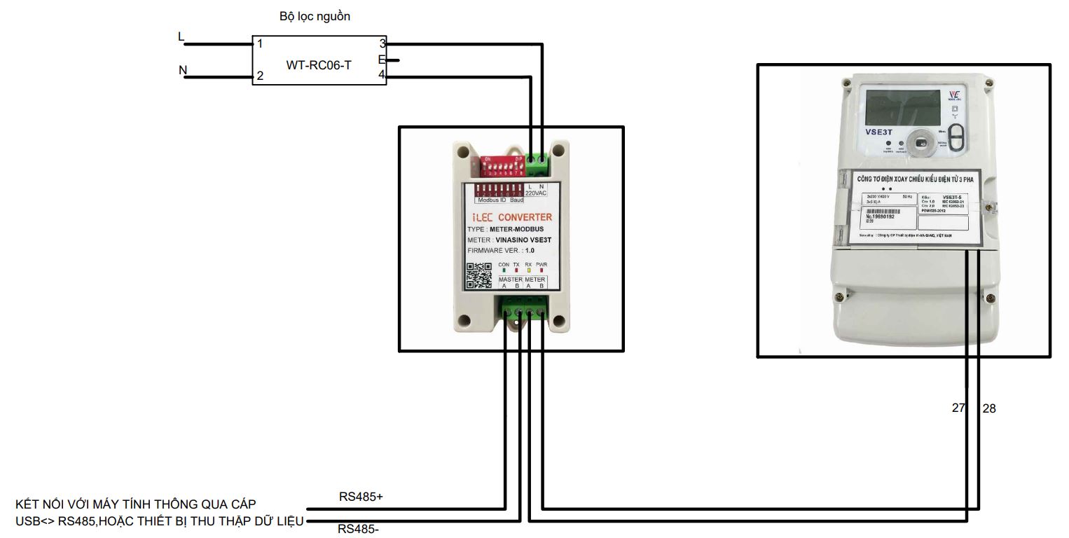 Sơ đồ kết nối Modbus và Công tơ Vinasino VSE3T với máy tính hoặc thiết bị thu thập dữ liệu bên ngoài