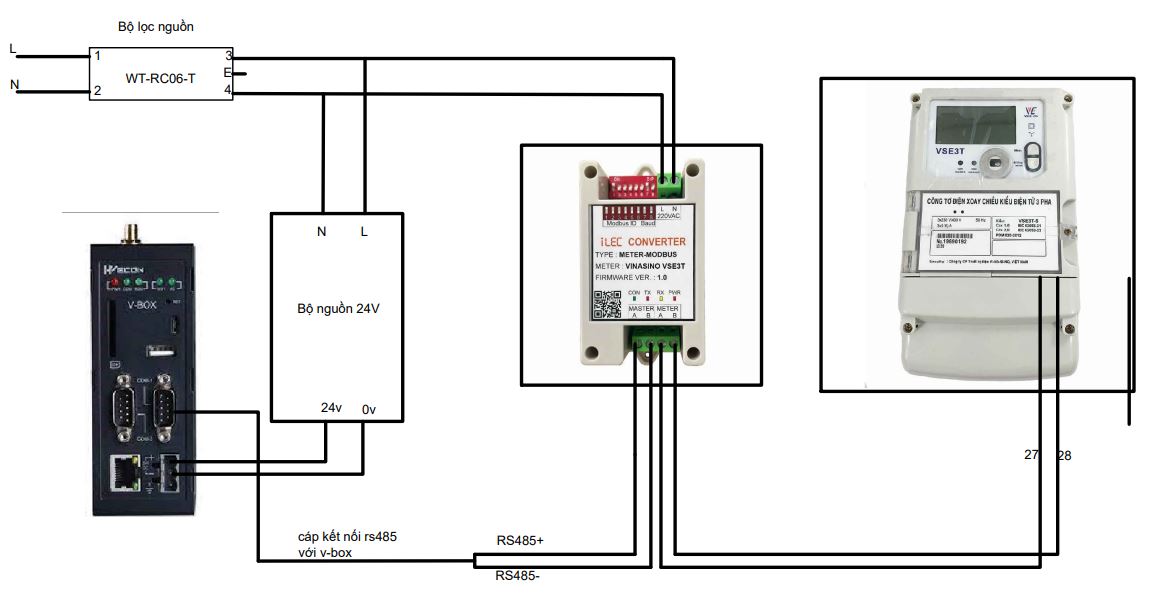Sơ đồ kết nối V-box + Modbus và Công tơ Vinasino VSE3T
