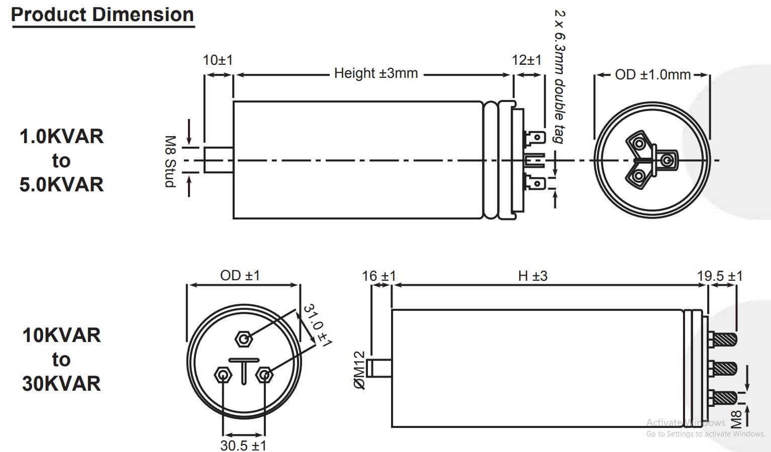 Kích thước Tụ bù Elco 10Kvar 440V 50Hz Elco 200QELCO100