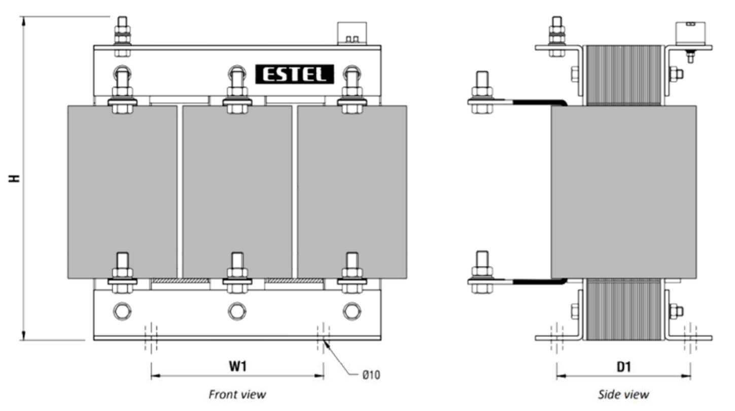 Kích thước Cuộn kháng lọc sóng hài Estel 7% DFR7-400-015/440 3P 440V dùng cho tụ bù 15kvar