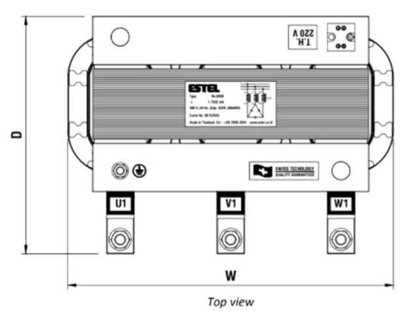 Kích thước Cuộn kháng lọc sóng hài Estel 7% DFR7-400-015/440 3P 440V dùng cho tụ bù 15kvar