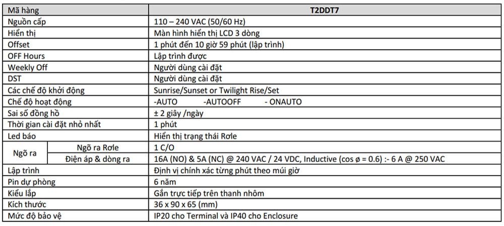 Thông số kỹ thuật GIC T2DDT7 Astronomical Time Switch Mini