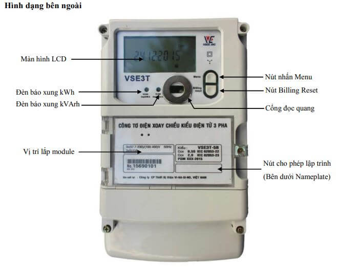 Cấu tạo và Kích thước Vinasino VSE3T-5B Công tơ điện tử 3 pha 3 biểu giá