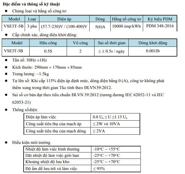Thông số kỹ thuật Vinasino VSE3T-5B Công tơ điện tử 3 pha 3 biểu giá