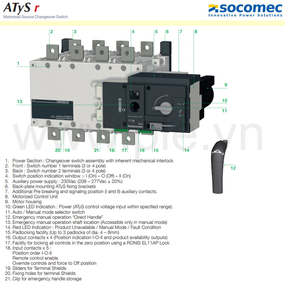 Cấu tạo Bộ chuyển nguồn bằng tay MTS Sircover-41AC3120 3P 1250A 415VAC