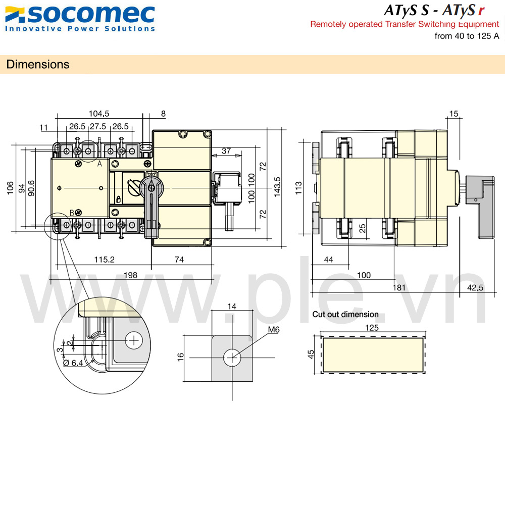 Kích thước Bộ chuyển nguồn tự động ATS R-95034004 4P 40A 415VAC