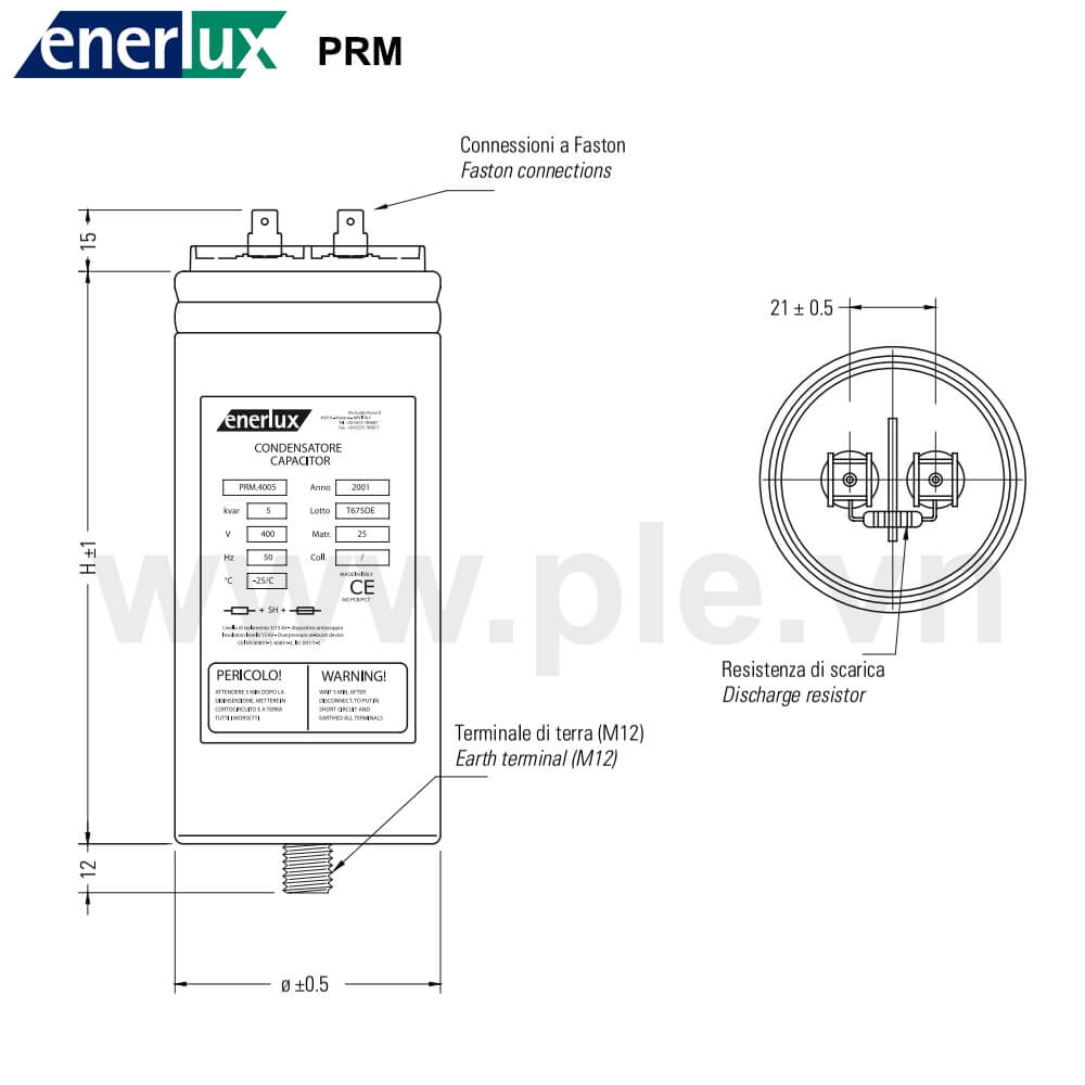 Cấu tạo và Kích thước Enerlux PRM.2510 1P 10kVAR 250V
<h2 calss=