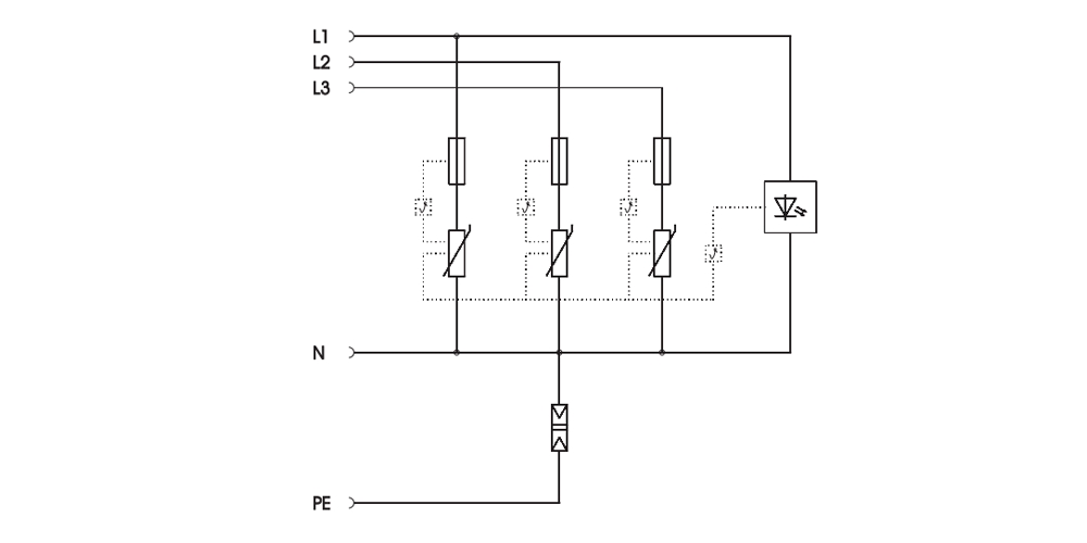 Cách đấu nối OBO V10 COMPACT 385 : Thiết bị chống sét nguồn AC 3 pha 385 VAC
