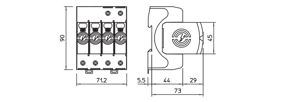 Kích thước OBO V20-4-280 : Thiết bị chống sét nguồn AC 4 pha 280 VAC