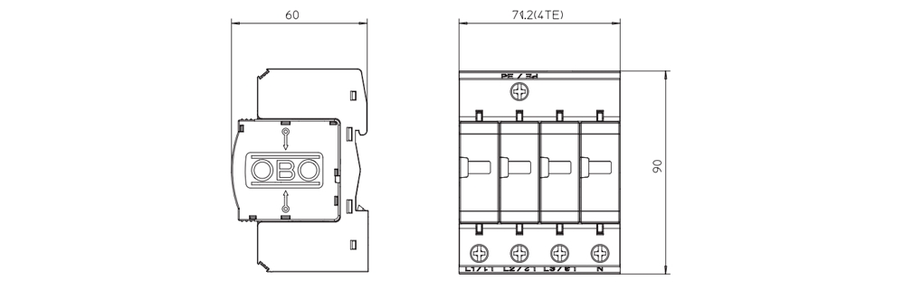 Kích thước OBO V25-B+C 4-385 : Thiết bị chống sét nguồn AC 4 pha 385 VAC