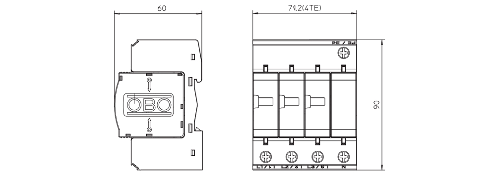 Kích thước OBO V25-B+C 3+NPE-385 : Thiết bị chống sét nguồn AC 3 pha 385 VAC