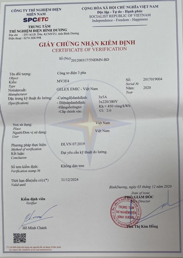 Mẫu biên bản kiểm định Công tơ điện 3 pha 4 dây hữu công Gelex Emic MV3E4 3x5A gián tiếp