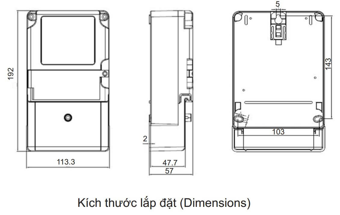 Cấu tạo và Kích thước Emic CE-38 Công tơ điện tử Emic 1 pha 1 giá