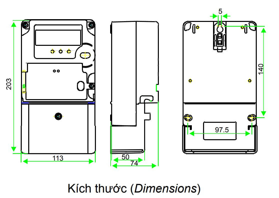 Cấu tạo và Kích thước Emic CE-14 Công tơ điện tử 1 pha nhiều giá