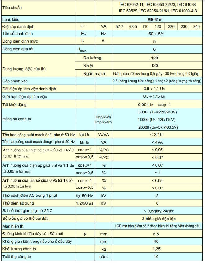 Thông số kỹ thuật Công tơ điện tử 3 pha đa chức năng Gelex Emic ME-41