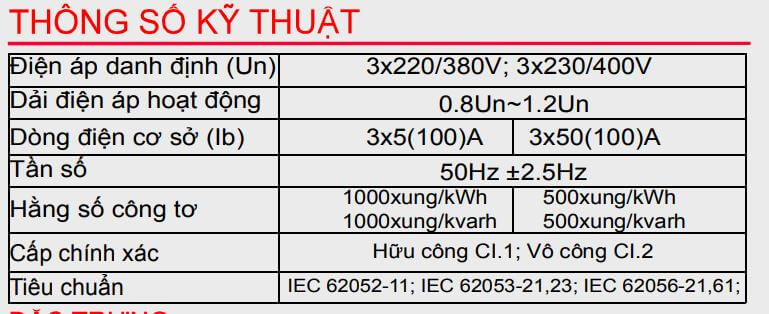 Thông số kỹ thuật Công tơ điện tử 3 pha đa chức năng Emic ME-42