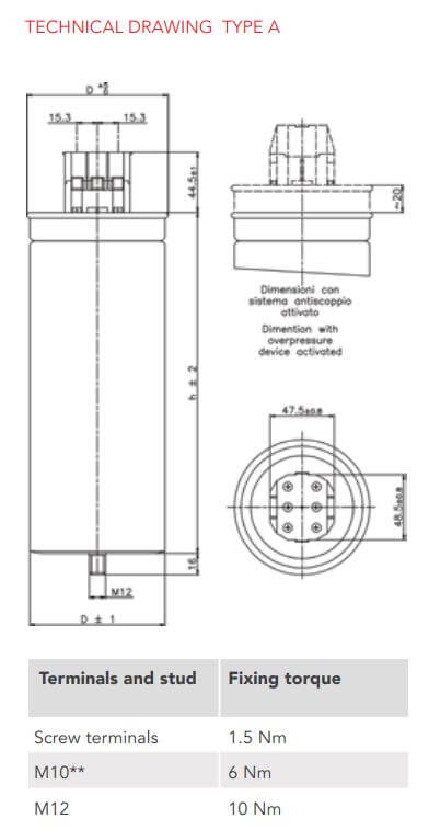 Kích thước XD416463103 Tụ bù Ducati 10KVar, 440V, 50Hz