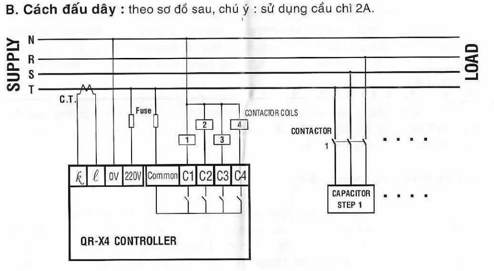 Cách nối dây, cách chỉnh, cài đặt, setup Bộ điều khiển tụ bù 4 cấp SK QR-X4