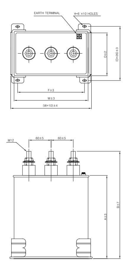 Cấu tạo và Kích thước SMS-45010KT : Tụ bù Samwha dầu điện áp 3 pha 415V, 10Kvar, 50/60Hz