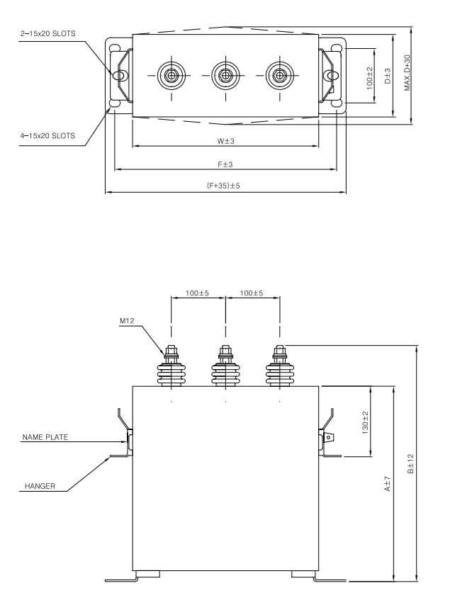 Cấu tạo và Kích thước SMS-45010KT : Tụ bù Samwha dầu điện áp 3 pha 415V, 10Kvar, 50/60Hz