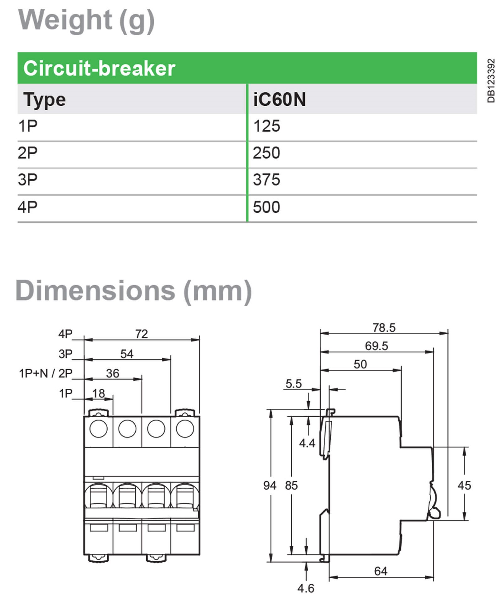 Cấu tạo và Kích thước MCB 1P 20A 6kA dòng iC60N