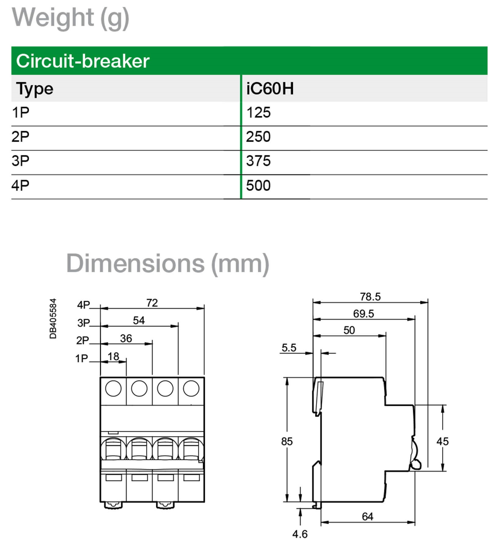 Cấu tạo và Kích thước MCB 1P 10A 10kA dòng iC60H
