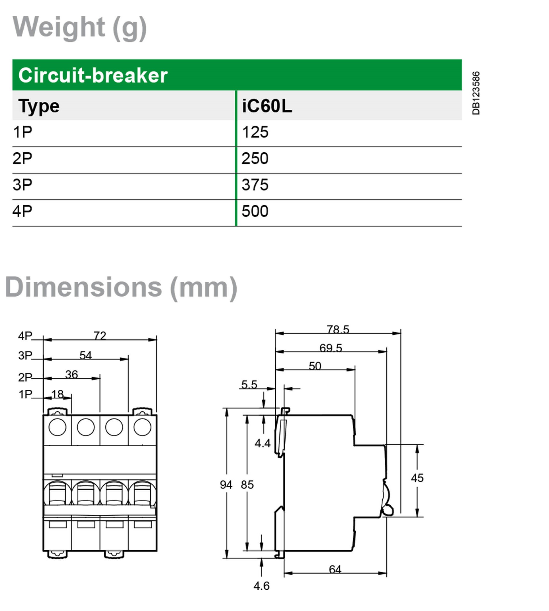 Cấu tạo và Kích thước MCB 3P 10A 10kA dòng iC60L