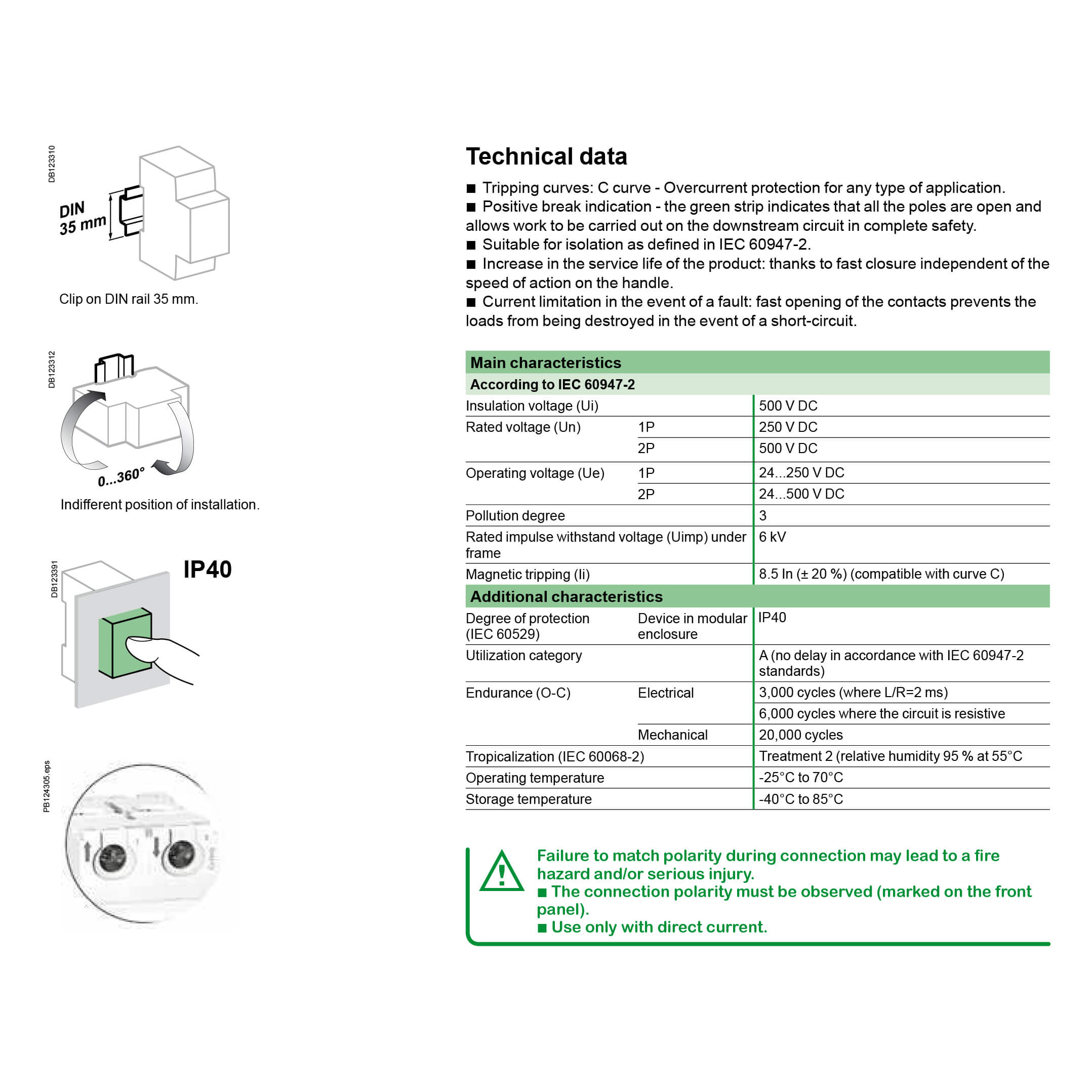 Thông số kỹ thuật Schneider A9N61505: Cầu dao tự động 1P 5A 6kA dòng C60H-DC