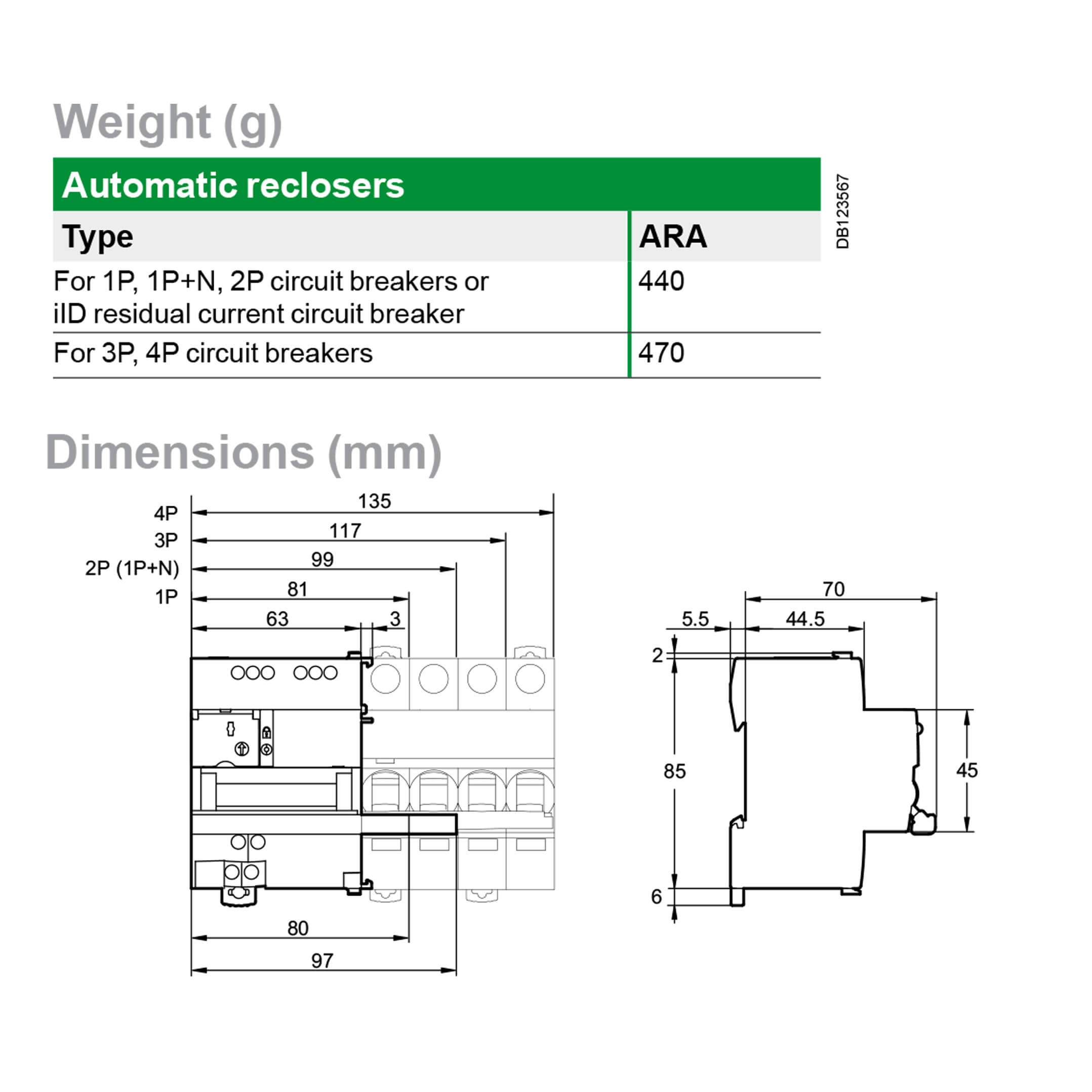 Cấu tạo và Kích thước Schneider-A9C70132, ARA automatic reclosers dùng cho cầu dao tự động iC60