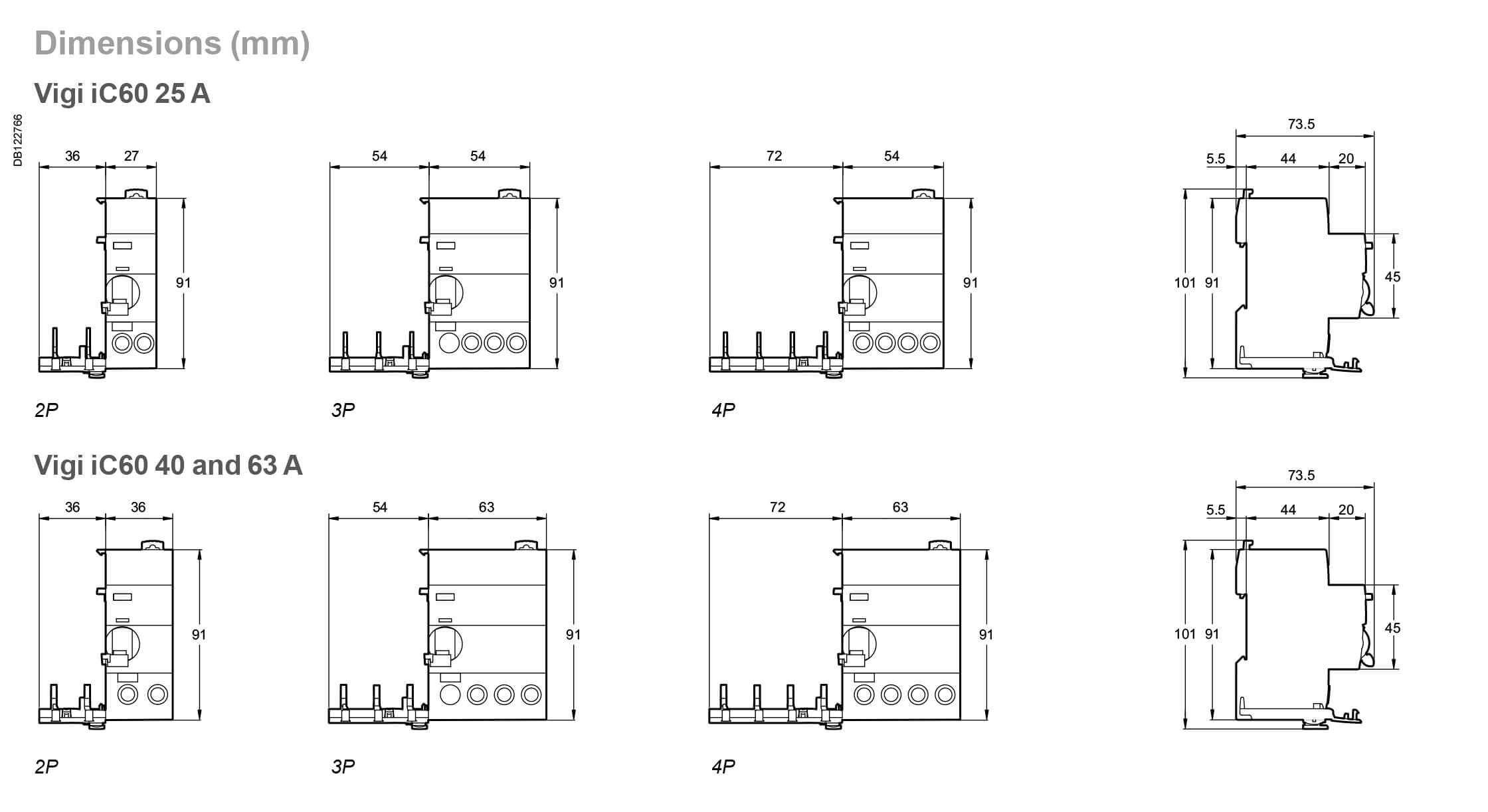 Cấu tạo và Kích thước Mô đun Vigi Schneider-A9V41463, phụ kiện dùng cho iC60 4P
