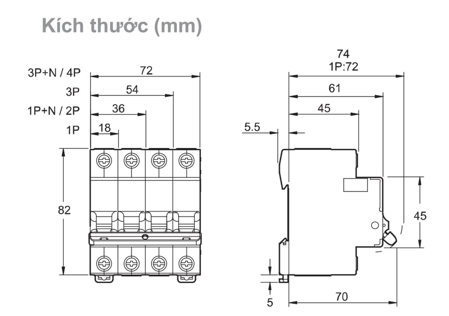 Cấu tạo và Kích thước Schneider EZ9F34210 MCB 2P 10A 4.5kA dòng Easy9
