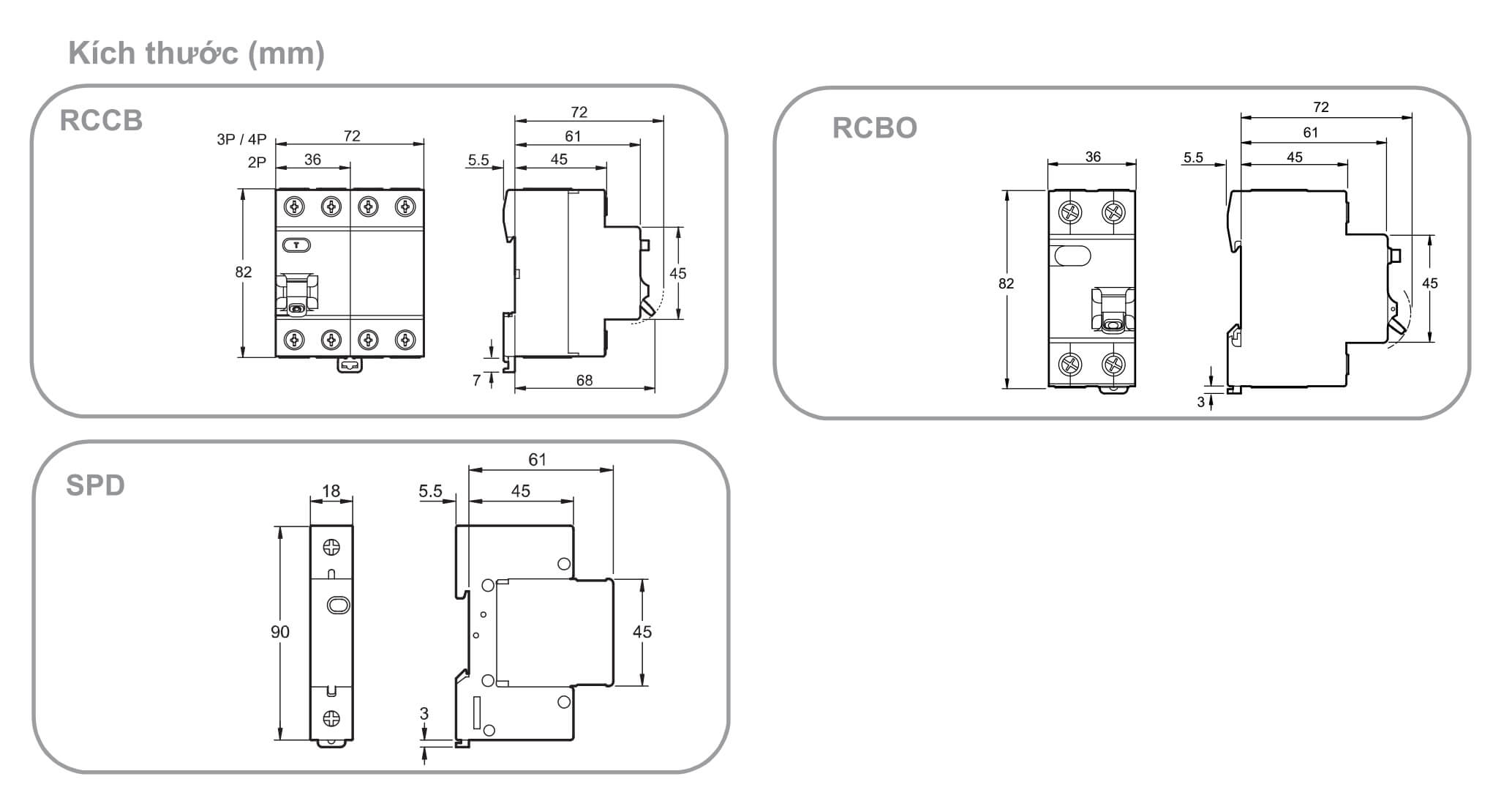 Cấu tạo và Kích thước Thông số kỹ thuật thiết bị chống sét lan truyền (SPD) dòng Easy9 Schneider EZ9L33620