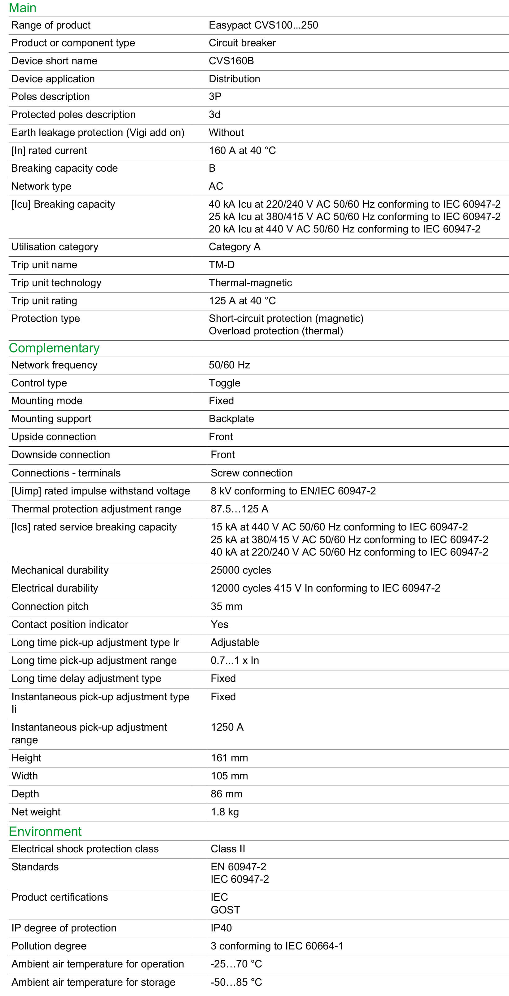 Thông số kỹ thuật Schneider-LV516303: Aptomat (MCCB) 3P 160A dòng Easypact CVS160B