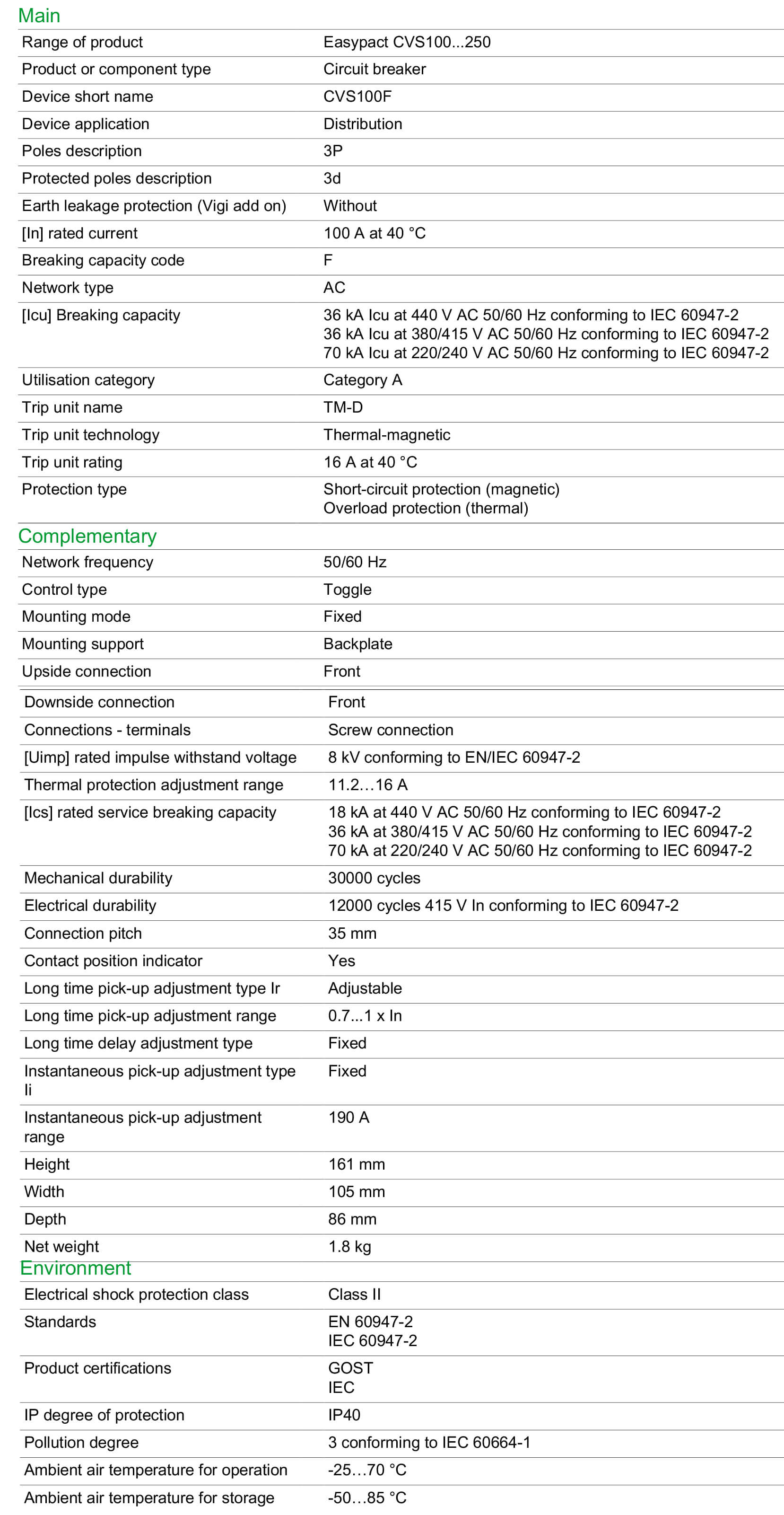 Thông số kỹ thuật Schneider-LV510330: Aptomat (MCCB) 3P 16A dòng Easypact CVS100F