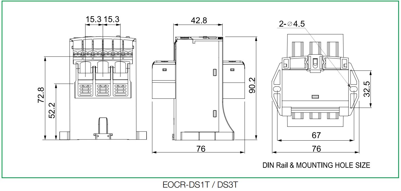 Cấu tạo và Kích thước Schneider EOCRDS3T-05S: Rơ le bảo vệ quá dòng, mất pha, đảo pha 0.5-6A 24-240VAC/DC