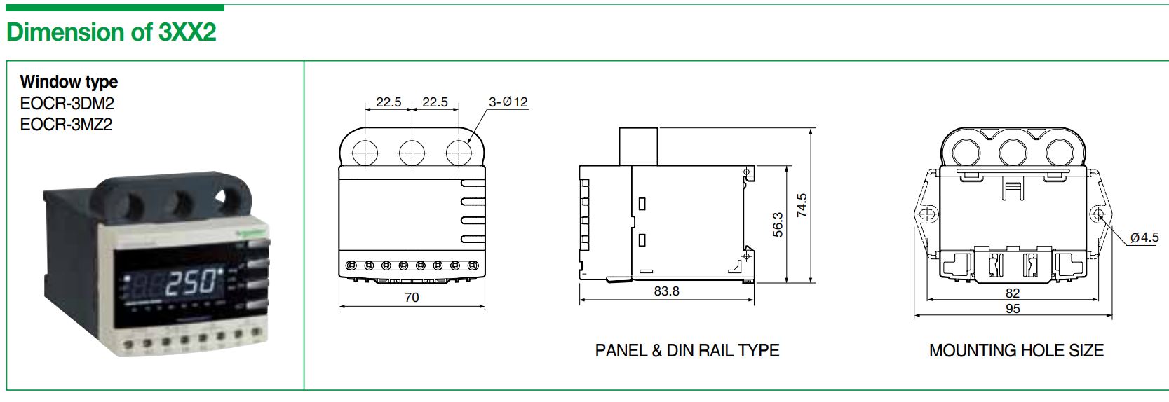 Cấu tạo và Kích thước Schneider EOCR-3DM2: Rơ le bảo vệ hiển thị số đa năng
