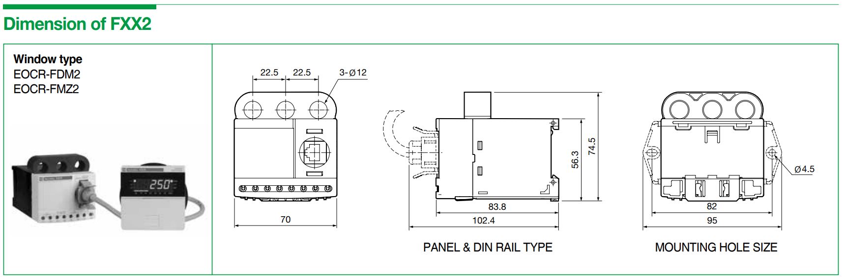 Cấu tạo và Kích thước Schneider EOCR-FDM2: Rơ le bảo vệ hiển thị số đa năng