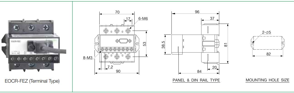 Cấu tạo và Kích thước Schneider EOCR-FEZ: Rơ le bảo vệ hiển thị số đa năng
