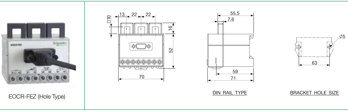Cấu tạo và Kích thước Schneider EOCR-FEZ: Rơ le bảo vệ hiển thị số đa năng