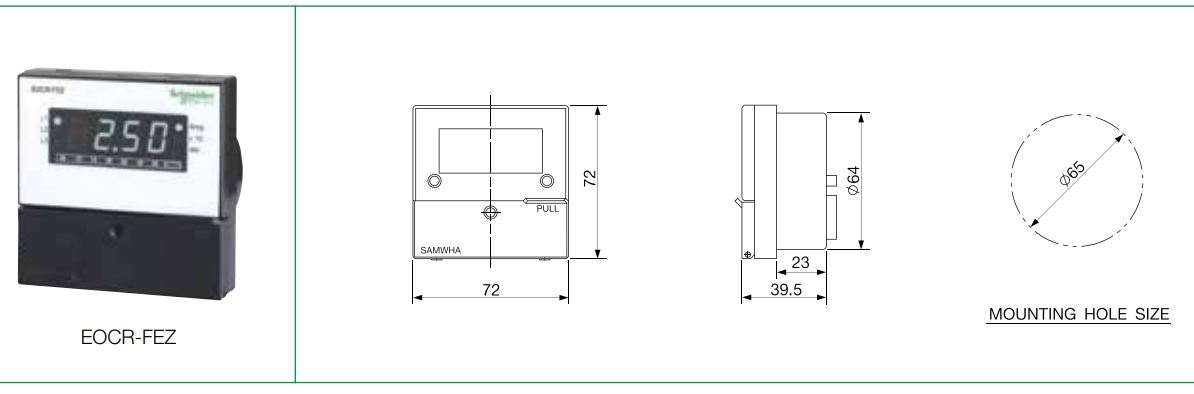 Cấu tạo và Kích thước Schneider EOCR-FEZ: Rơ le bảo vệ hiển thị số đa năng