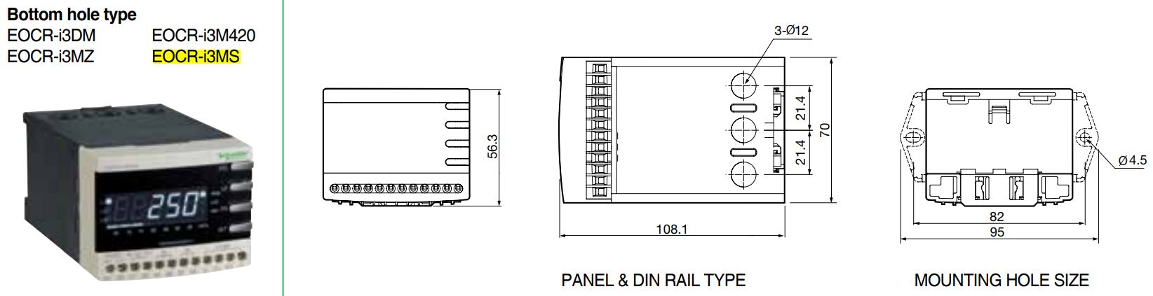 Cấu tạo và Kích thước Schneider EOCR-I3MS: Rơ le bảo vệ hiển thị số đa năng