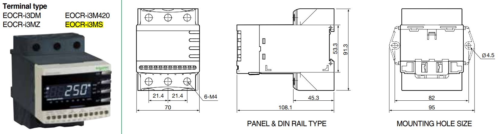 Cấu tạo và Kích thước Schneider EOCR-I3MS: Rơ le bảo vệ hiển thị số đa năng
