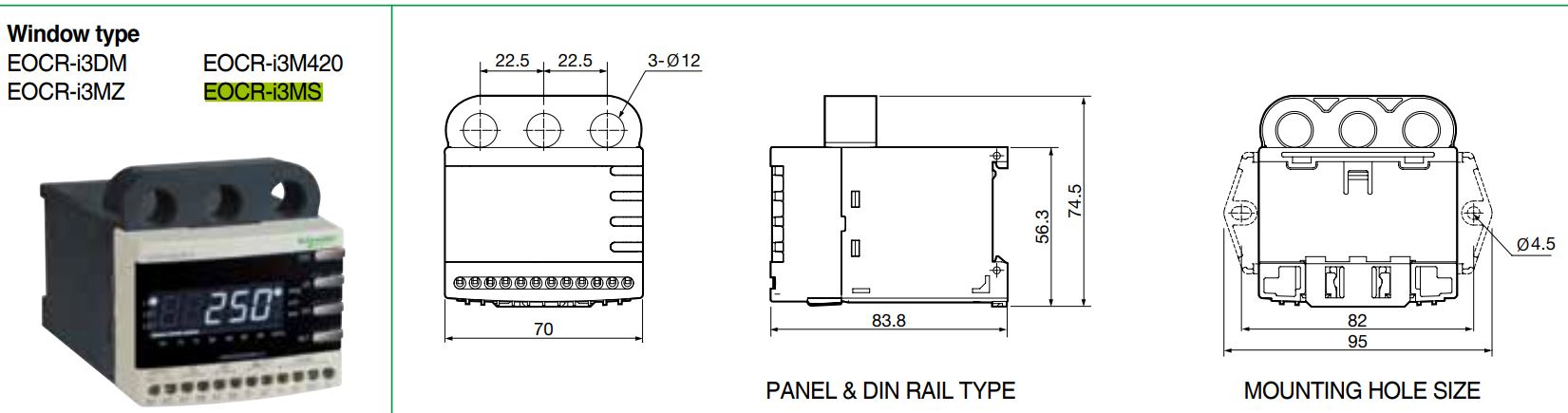 Cấu tạo và Kích thước Schneider EOCR-I3MS: Rơ le bảo vệ hiển thị số đa năng