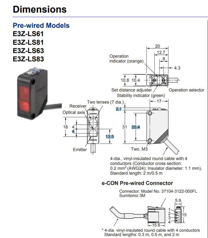 Kích thước Cảm biến quang Omron E3Z