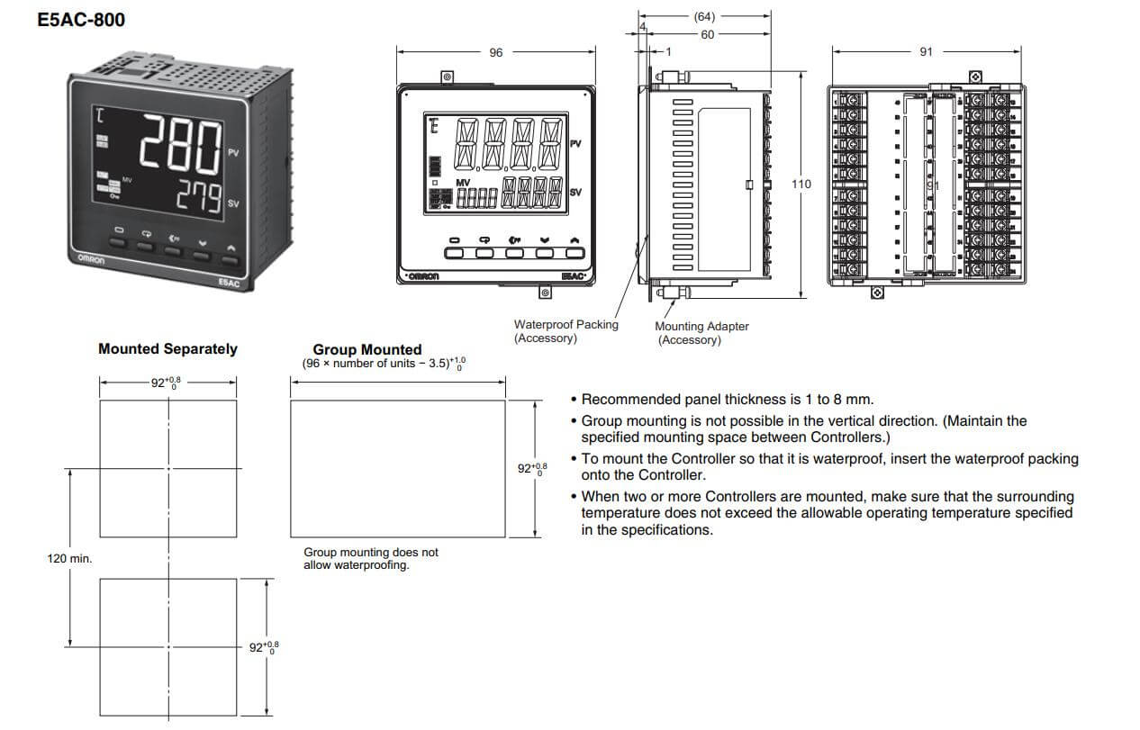 Kích thước Bộ điều khiển nhiệt độ Omron E5AC