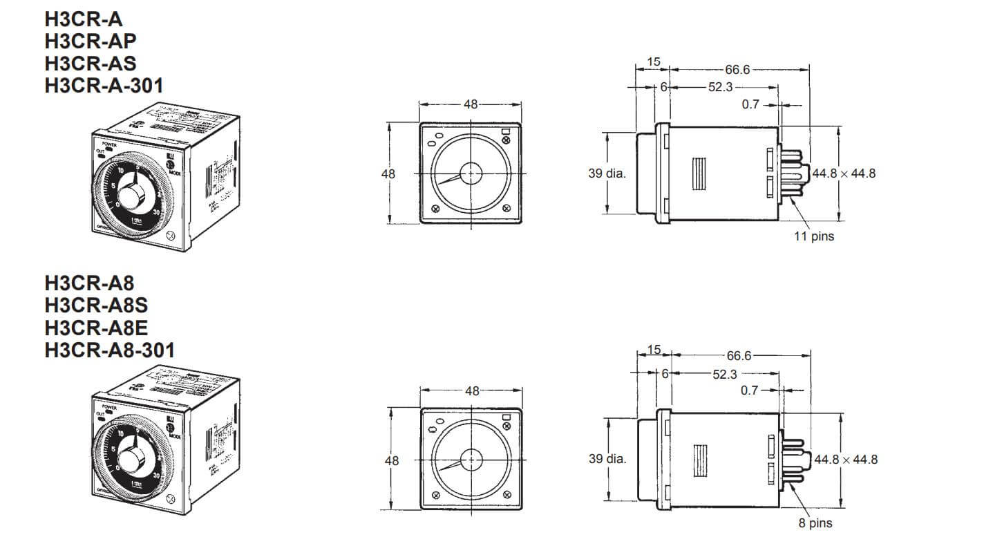 Kích thước Bộ đặt thời gian Omron H3CR-A8