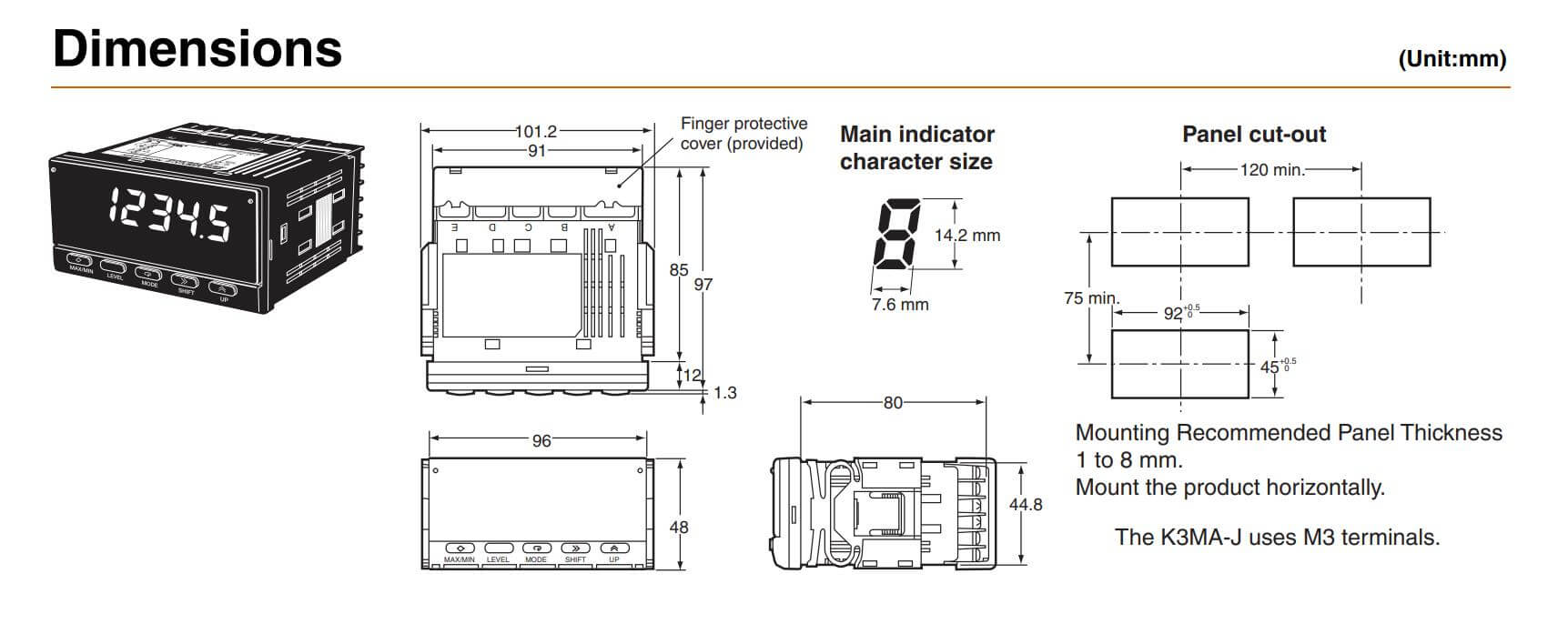 Kích thước Bộ hiển thị số Omron K3MA-J-A2