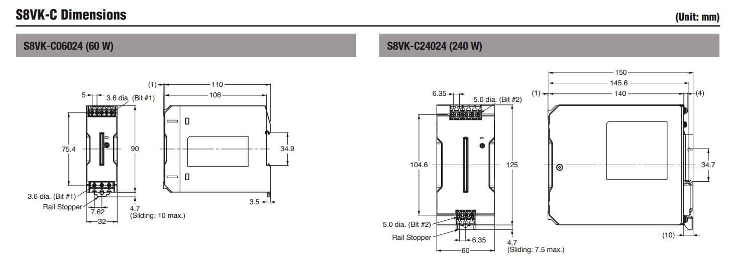 Kích thước Bộ nguồn 1 pha Omron S8VK